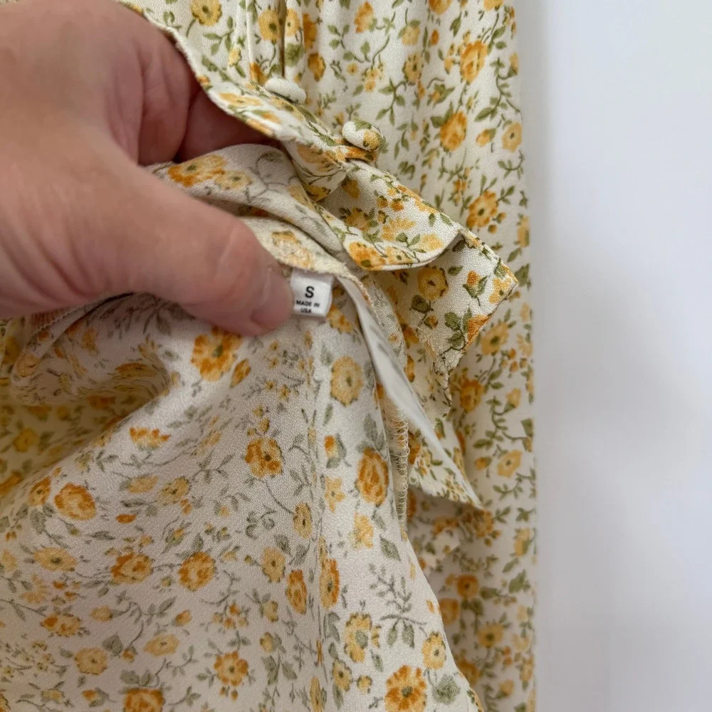 Reformation Floral Long Sleeve Button Front Top White Yellow Small Country NWT